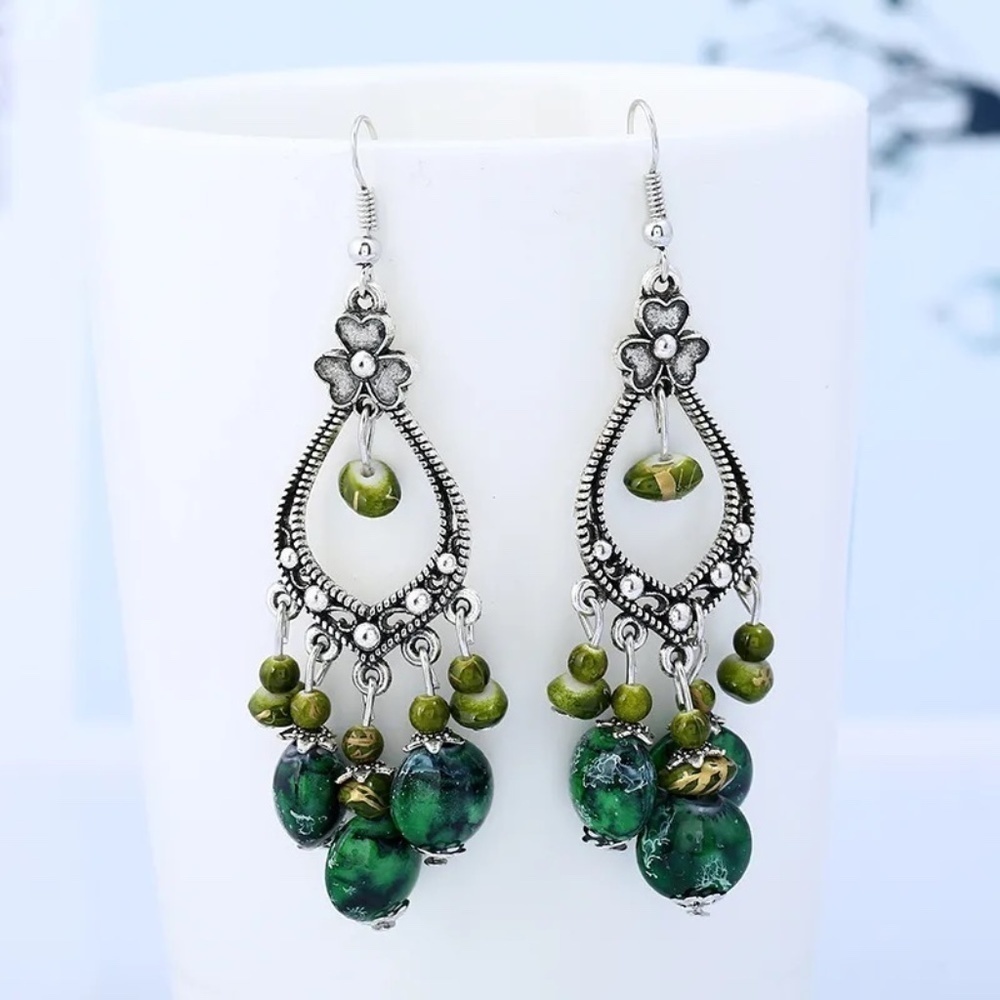 *JARA* Silver x Green Fashion Hollow Drop Dangle Earrings